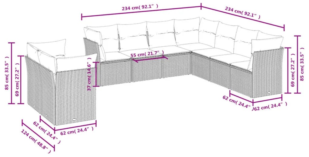 9 részes világosszürke polyrattan kerti ülőgarnitúra párnával