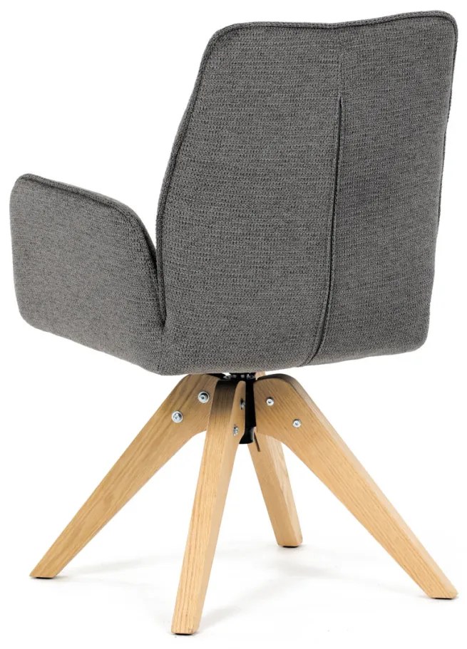 Scaun de sufragerie cu cotiere, din material hidrofug gri închis, cu picioare de stejar, rotativ la 360°
