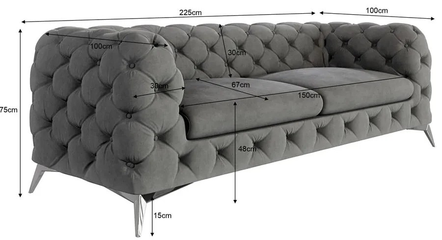 Szürke bársony kanapé 225 cm Chelsea – Ropez