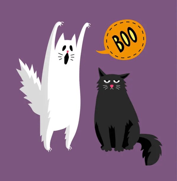 Illusztráció Cute halloween ghost and black cat, Alhontess