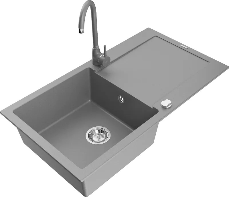 Mexen Leo egykamrás gránit mosogató csepegtetővel és Telma konyhai csappal, szürke - 6501-71-670200-71