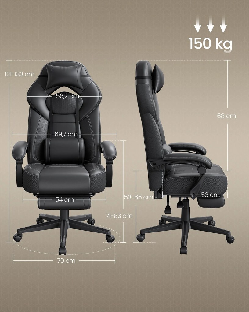 Játékos szék lábtartóval, ergonomikus kialakítással, fekete színben