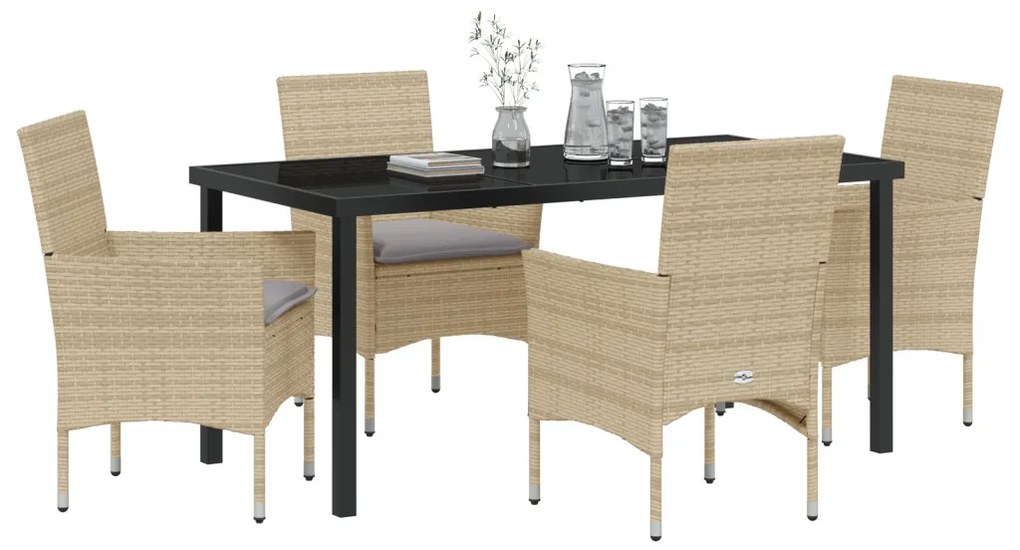 5 db-os Kerti Étkező Szett Párnázott Bézs Poli Rattan, Kerti Asztal Fekete 160x80x73 cm Edzett Üveg