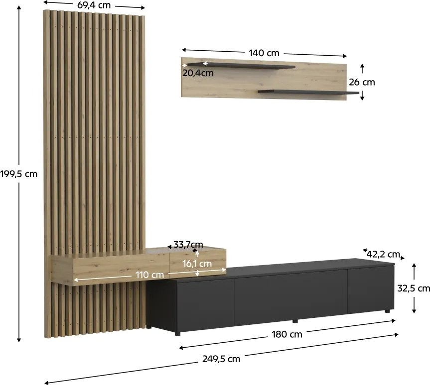 Nappali fal, fekete/artisan tölgy, REBEKA PLUS