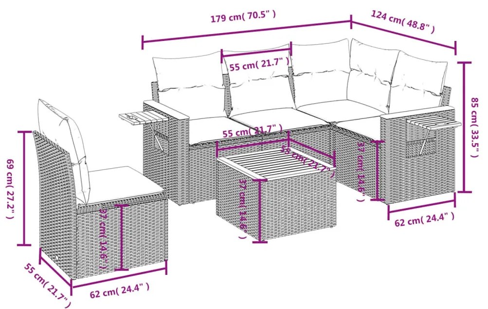 6 részes szürke polyrattan kerti ülőgarnitúra párnákkal