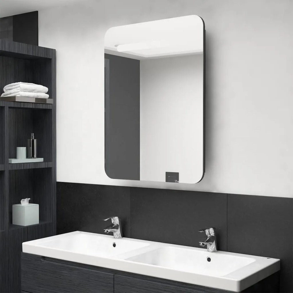 fényes fekete LED-es tükrös fürdőszobaszekrény 60 x 13 x 70 cm