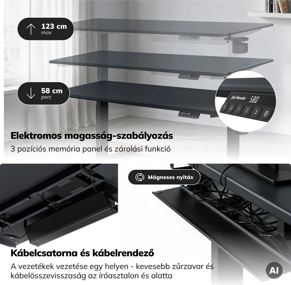 Elektromos íróasztal magasságállítással ergonomikus antracit,1600x800 mm: ARIA