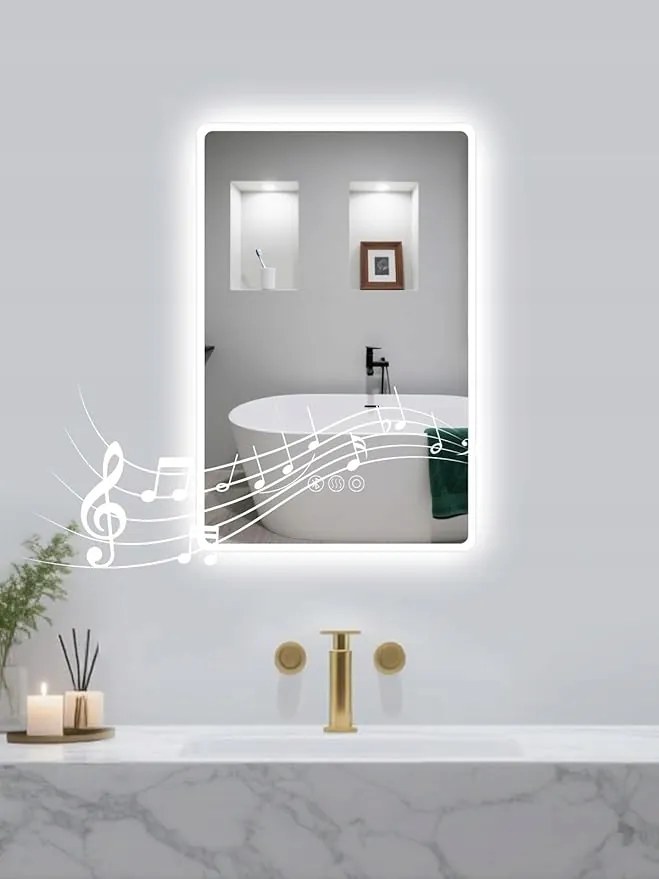 Fürdőszobai tükör Led 40x60 cm Bluetooth hangszóró Tompítható 3 lámpa