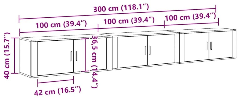 vidaXL Fali TV szekrény szett 3 pcs Fekete tölgy 100 x 34,5 x 40 cm