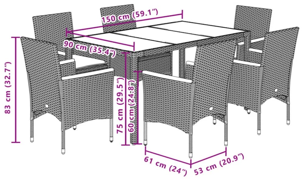 7 részes bézs polyrattan/akácfa kerti étkezőgarnitúra párnákkal