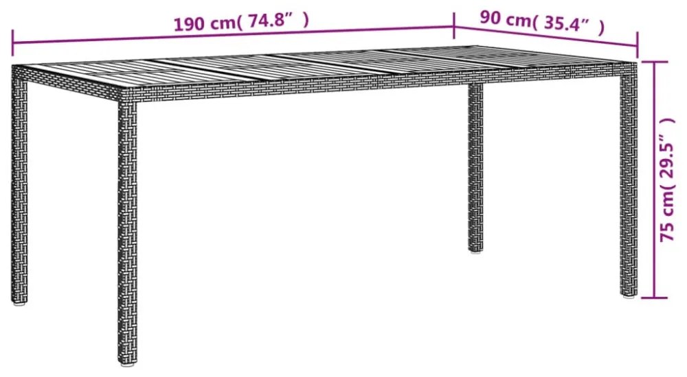 szürke polyrattan és akácfa kerti asztal 190 x 90 x 75 cm