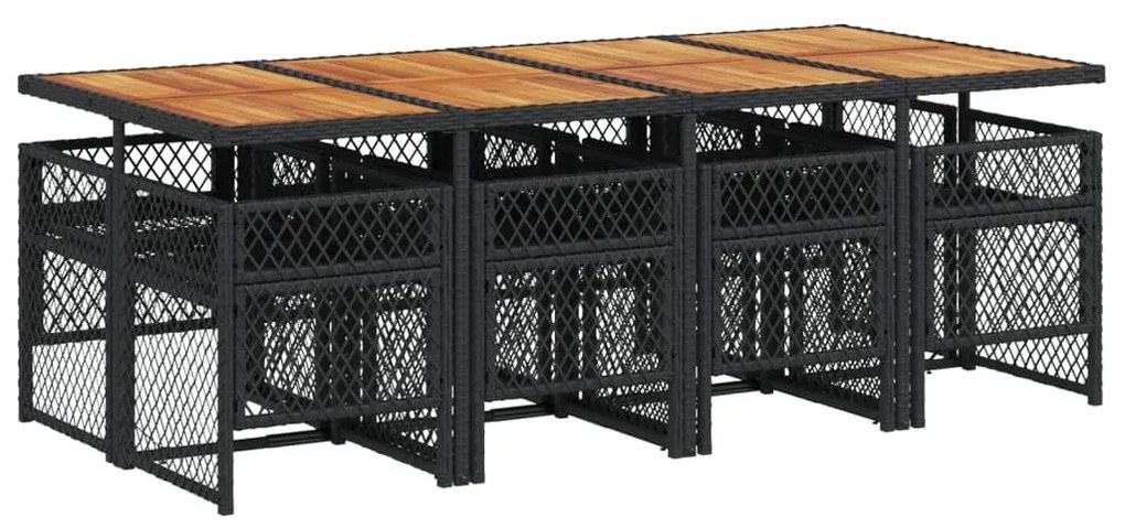 9 részes fekete polyrattan kerti étkezőgarnitúra párnákkal