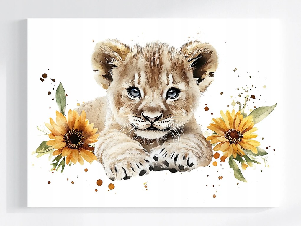 Vászonkép Canvas Kis Oroszlán Cica Baba Virágok 100x75