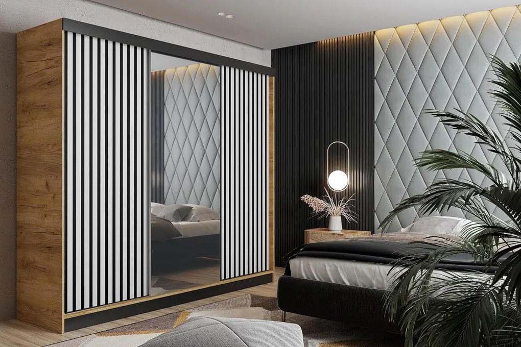 Malani 200 Tolóajtós Szekrény 200cm, Arany Tölgy-Fehér