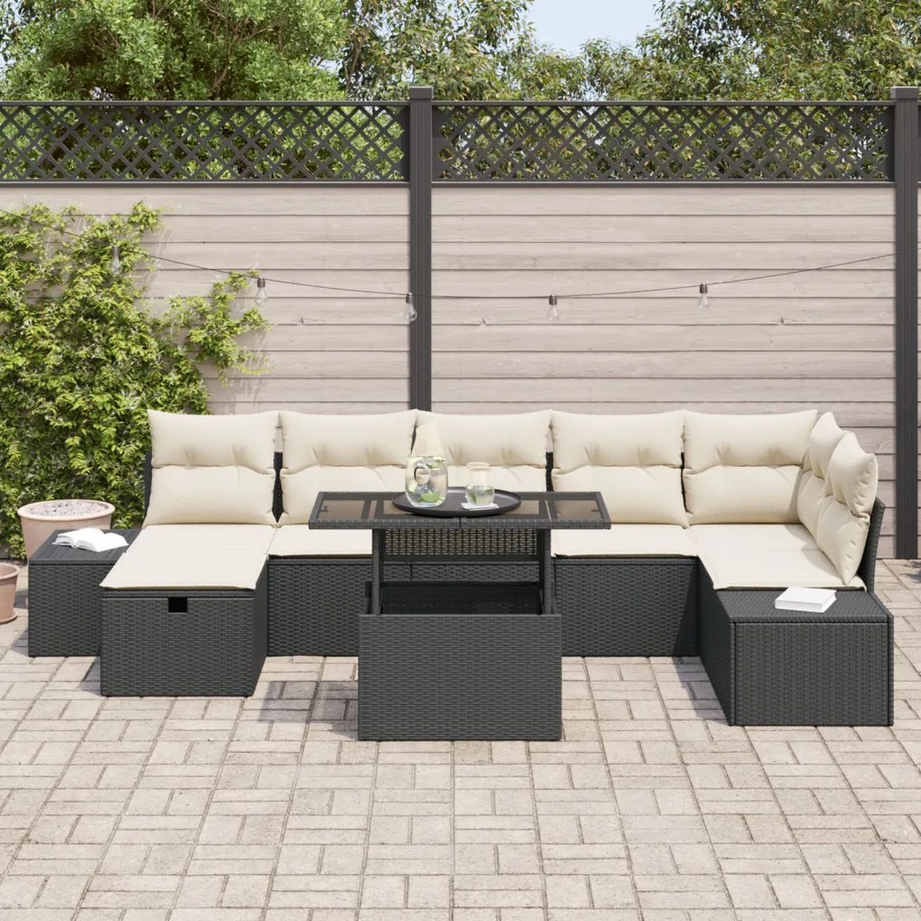 8 Darabos Kert Sofa Szett Párnákkal Fekete Poli Rattan