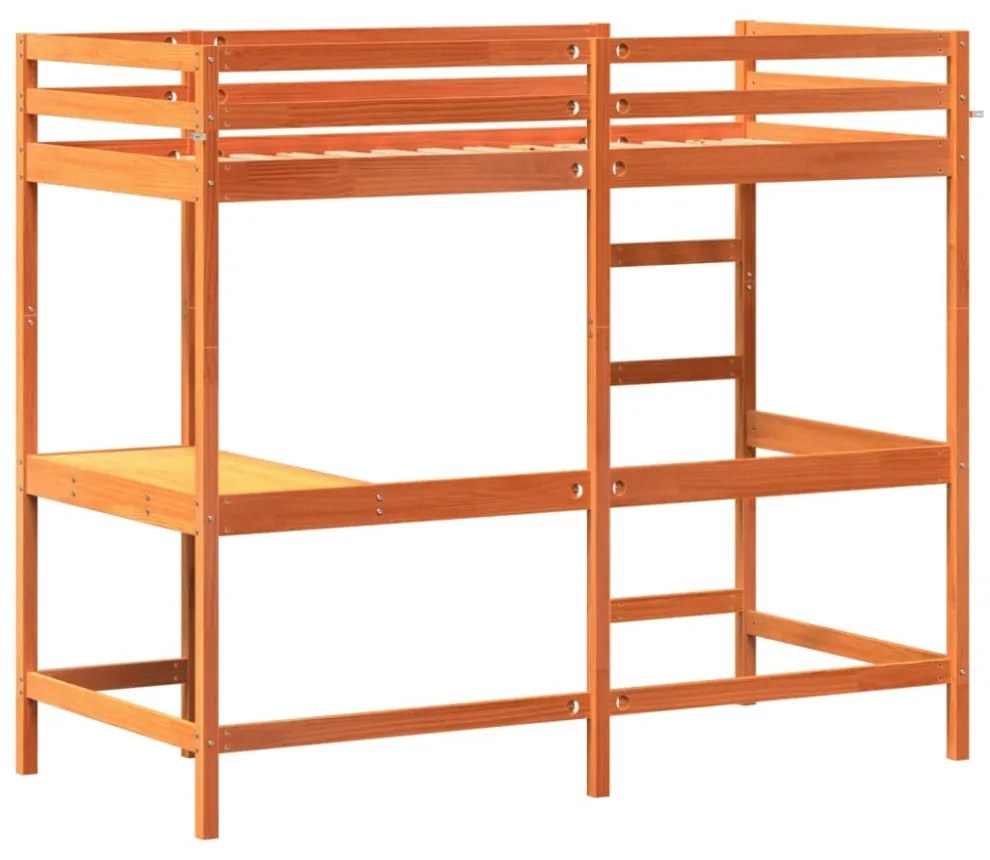 viaszbarna tömör fenyőfa galériaágy íróasztallal 90 x 190 cm