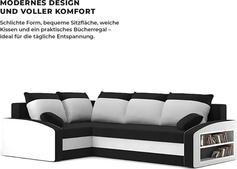 Grande sarokkanapé polcokkal , polc a jobb karfaban, baloldali, szövet anyag, bonell töltet, fekete - fehér