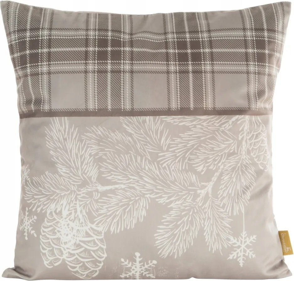 Karácsonyi díszpárnahuzat Holly 45x45 bézs toboz ágak kockás