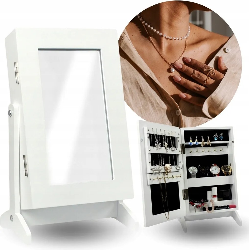 2in1 Fehér ékszerszekrény Tükörrel – Zárható fésülködőasztal rendszerező