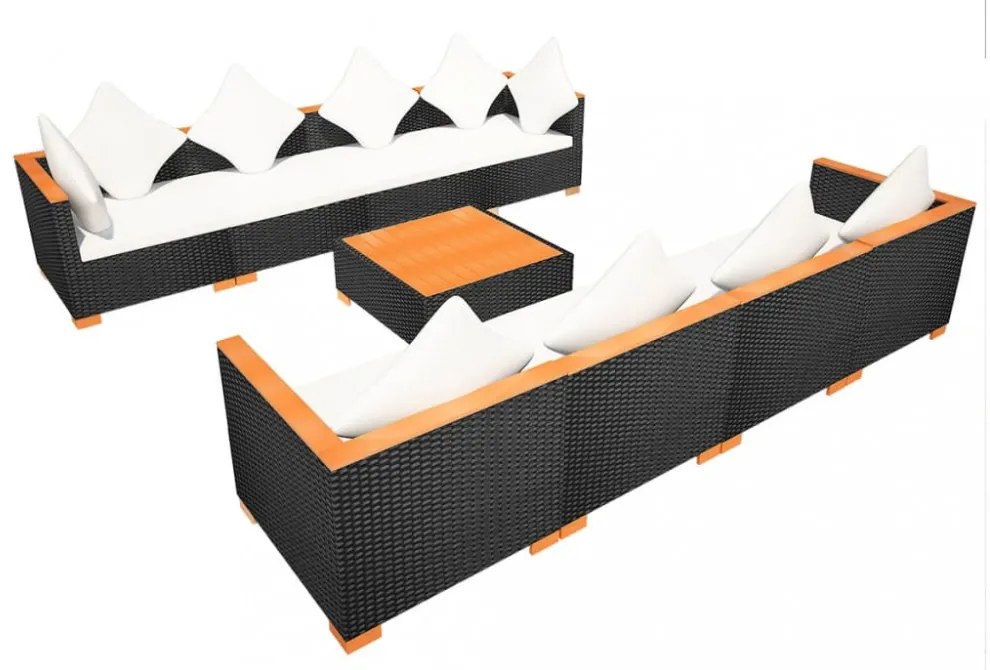 9-részes fekete polyrattan kerti bútorszett párnákkal
