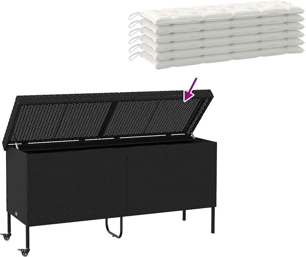 Fekete Polyrattan Kerti Tárolóláda Kerekekkel 160X55X75 Cm