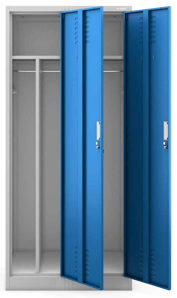 Pléh öltözőszekrény talpazaton, kétmodulos, polccal és köztes fallal KACPER, 800 x 1800 x 500 mm, szürke-kék