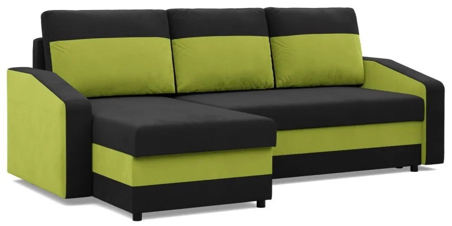 Hewlet sarokkanapé, 2 ágyneműtartóval, szövet anyag, univerzális oldal, hab töltet, fekete - zöld