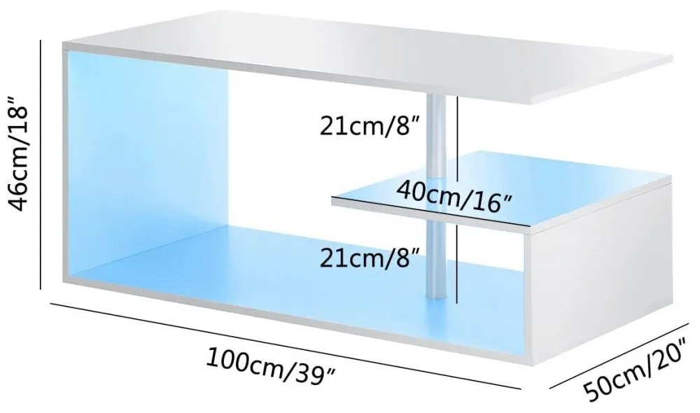 BigHome 100 cm-es dohányzóasztal, Beépített RGB LED Világítással - Fehér