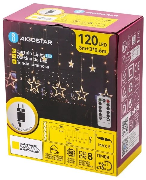 Aigostar - Kültéri karácsonyi LED fényfüzér 120xLED/6W/230V/8 üzemmód 3x0,6m IP44 meleg fehér+távirányító