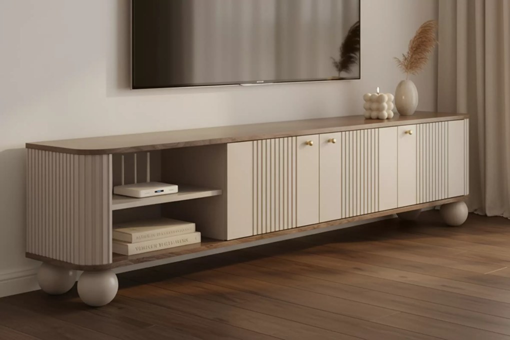 Vesper 3D TV-szekrény 187 cm - kasmír / dió / arany fogantyúk / gömb lábak