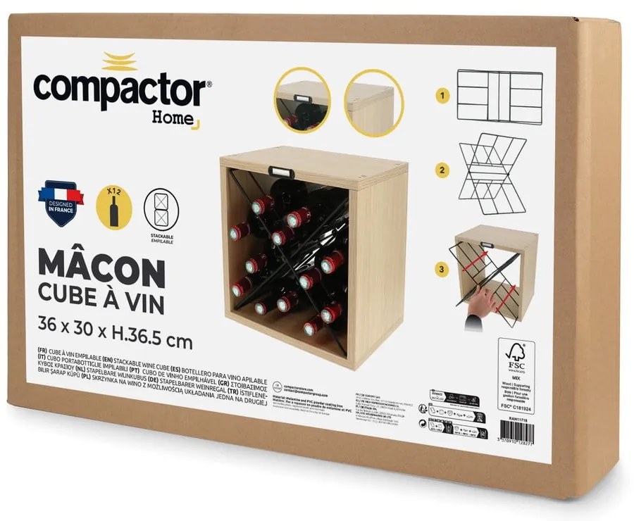 Natúr színű bortartó polcos állvány kőrisfa dekorral, palackok száma 12 36,5x36x29 cm Macon – Compactor