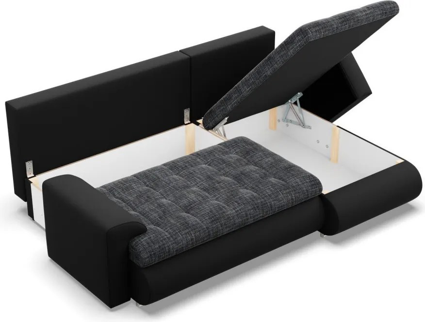 Tokio sarokkanapé, 2 ágyneműtartóval, fonott + műbőr, jobboldali, szürke - fekete