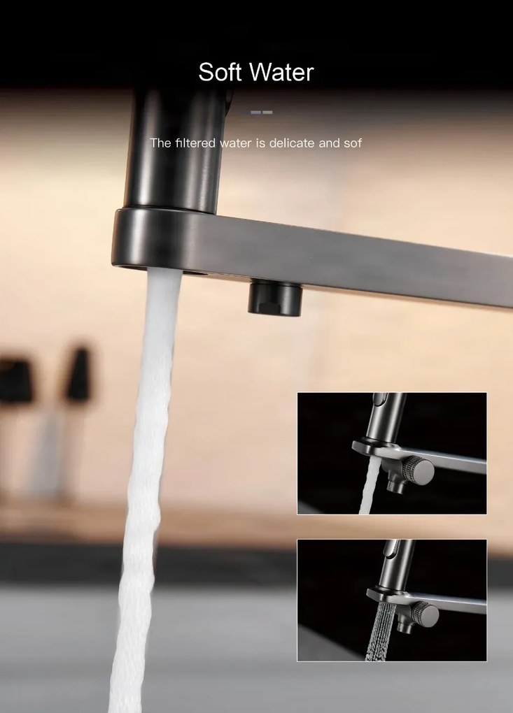 Konyhai csaptelep ELITE EDITION KFS1814 érzékelővel, kihúzható zuhanyfejjel és szűrtvíz-kifolyóval, több színváltozatban — Gunmetal szürke