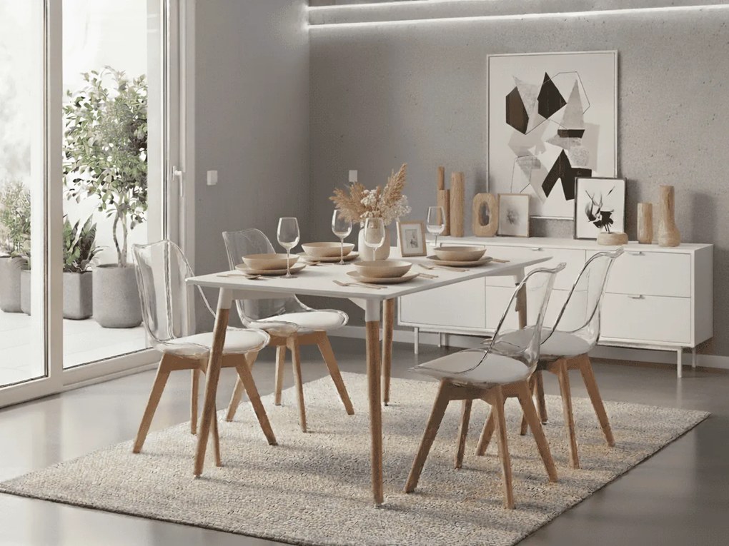 Étkező szett 1 + 4, fehér ADRIA asztal 120x80 cm + átlátszó BALI MARK szék bükk lábakkal