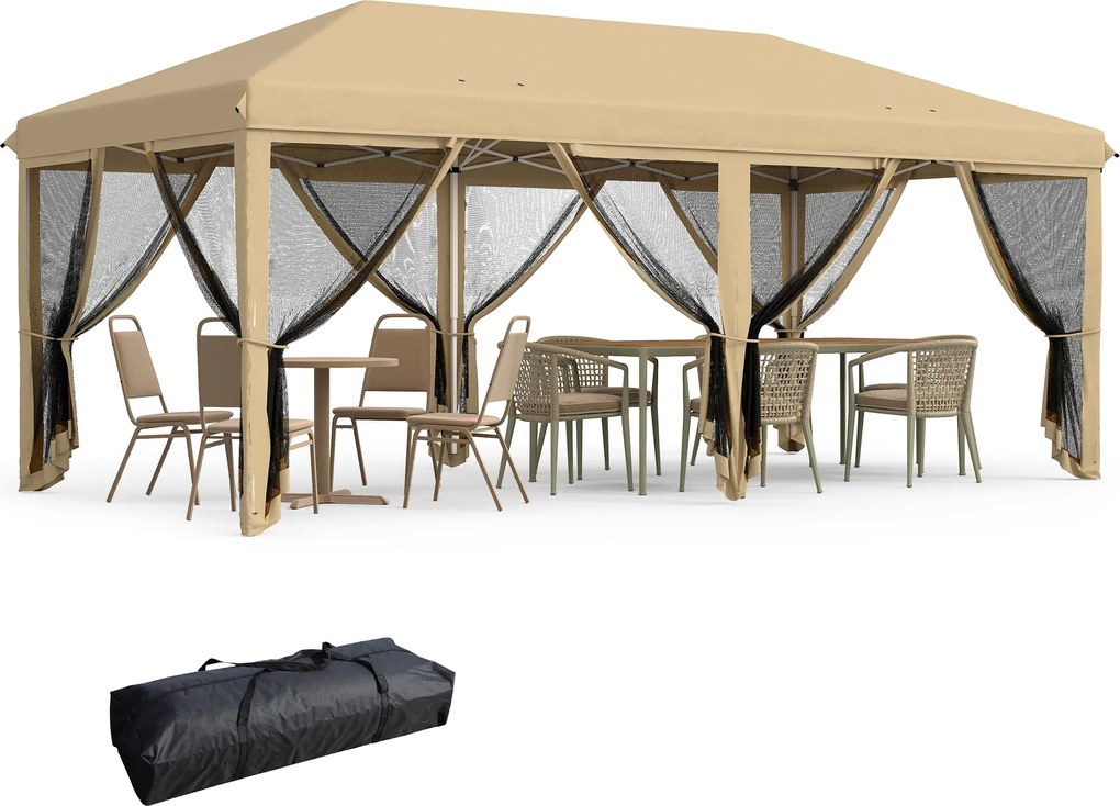 Outsunny Összecsukható Pop-Up Pavilon 6x3 m, 6 Hálós Oldallal, UV-Védelemmel és Hordtáskával, Kerti Partikhoz, Bézs | Aosom