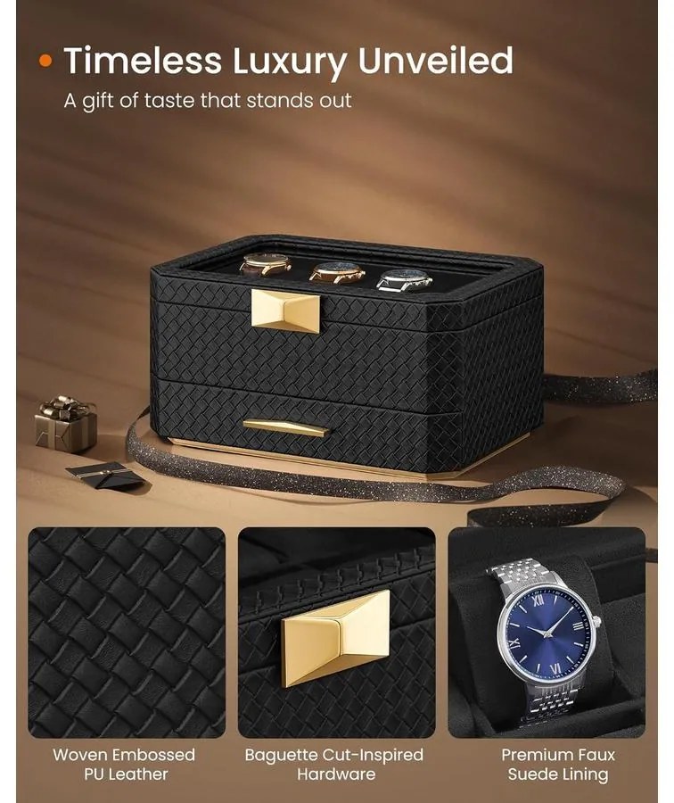 8 rekeszes óratartó doboz, tintafekete