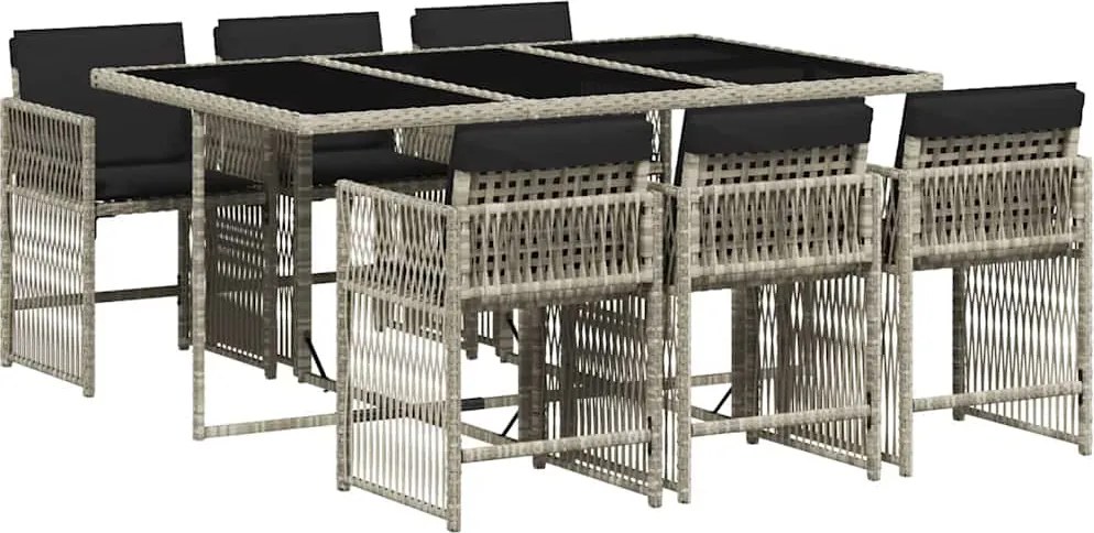 vidaXL 7 részes világosszürke polyrattan kerti étkezőszett párnával