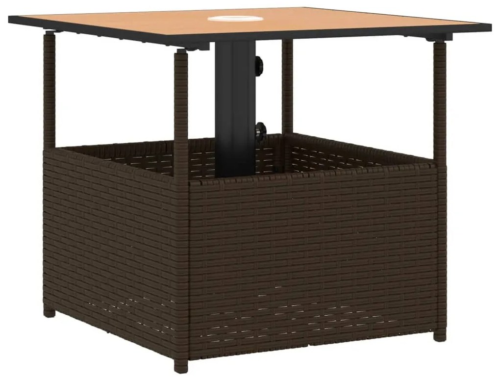 barna polyrattan kerti asztal napernyőlyukkal 55x55x46,5 cm