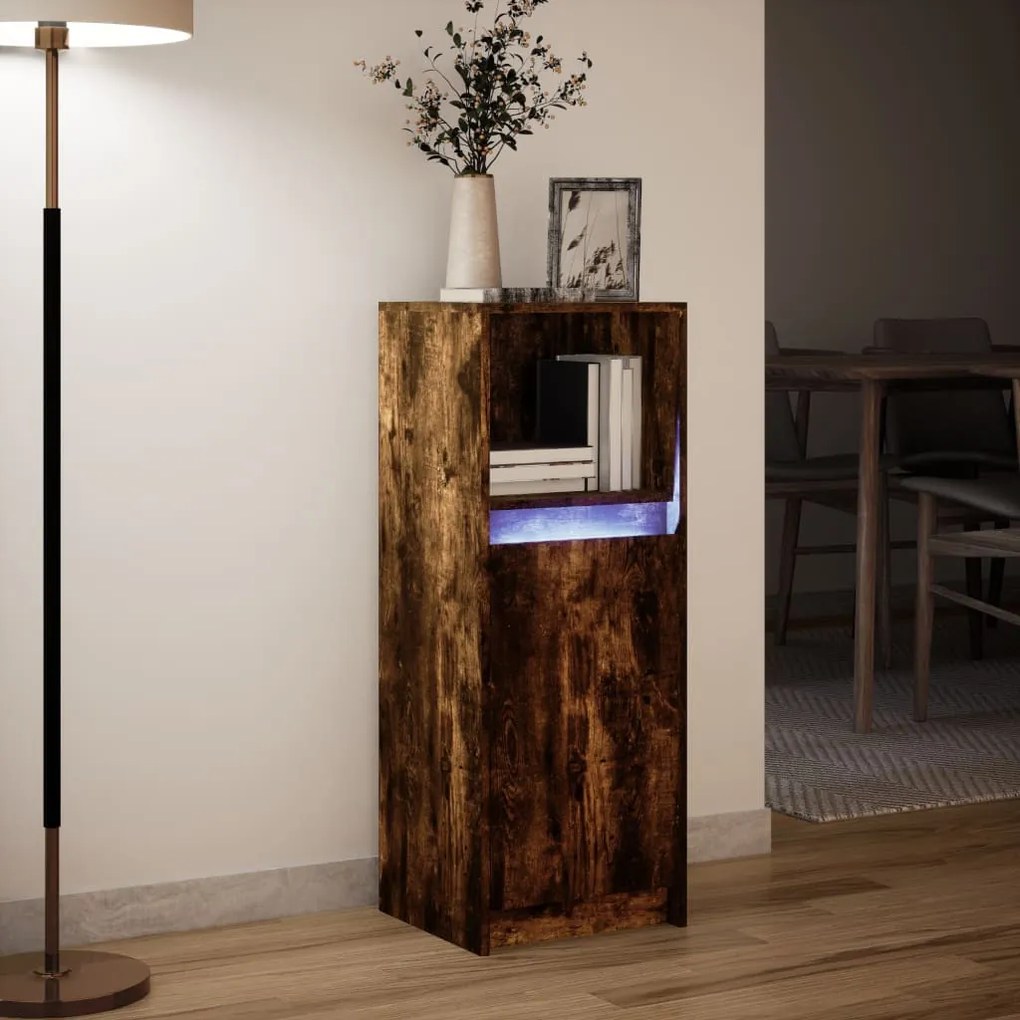 füstös tölgy szerelt fa tálalószekrény LED-del 38 x 34 x 100 cm