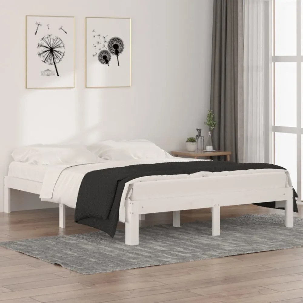 King Size fehér tömör fa ágykeret 150 x 200 cm
