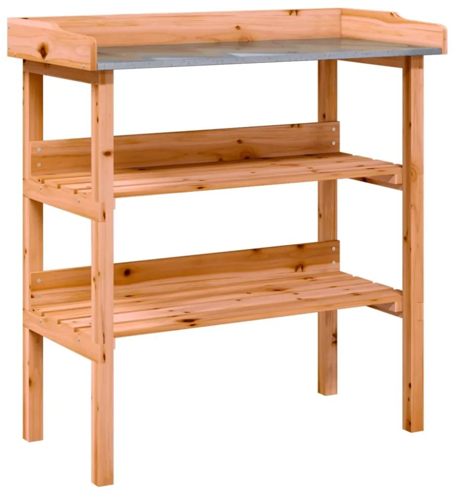 barna tömör fenyőfa növénytartó asztal polcokkal 78x38x82,5 cm