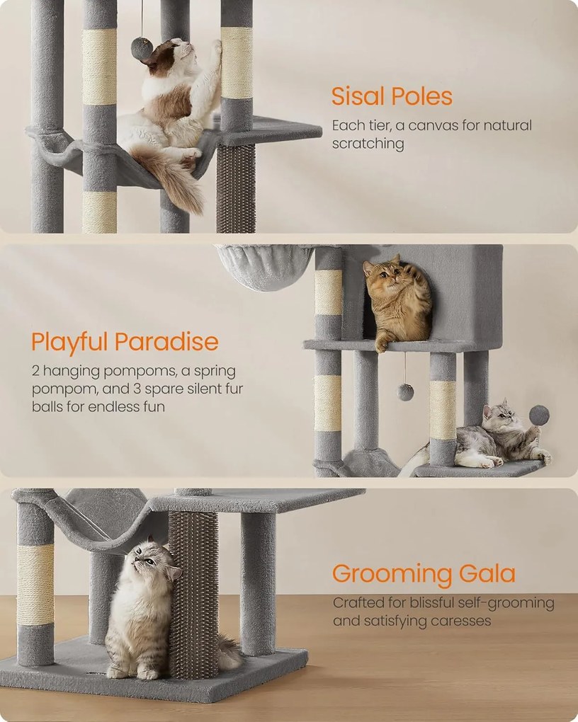 Feandrea nagy macskafa, 175 cm magas macskatorony szürke színben