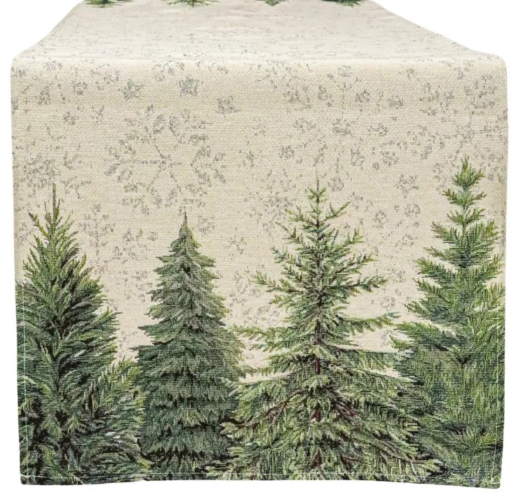 Ezüsfenyőerdős és hópehely mintás, ezüst lurexes gépi gobelin asztali futó, 44 x 140 cm