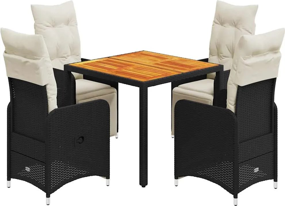 vidaXL 5 részes fekete polyrattan kerti bisztrógarnitúra párnákkal