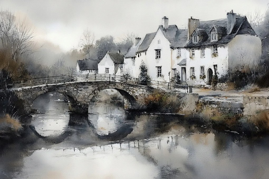 Vászonkép Canvas Anglia Falu Házak Falu Folyó Híd Nosztalgia 120x80