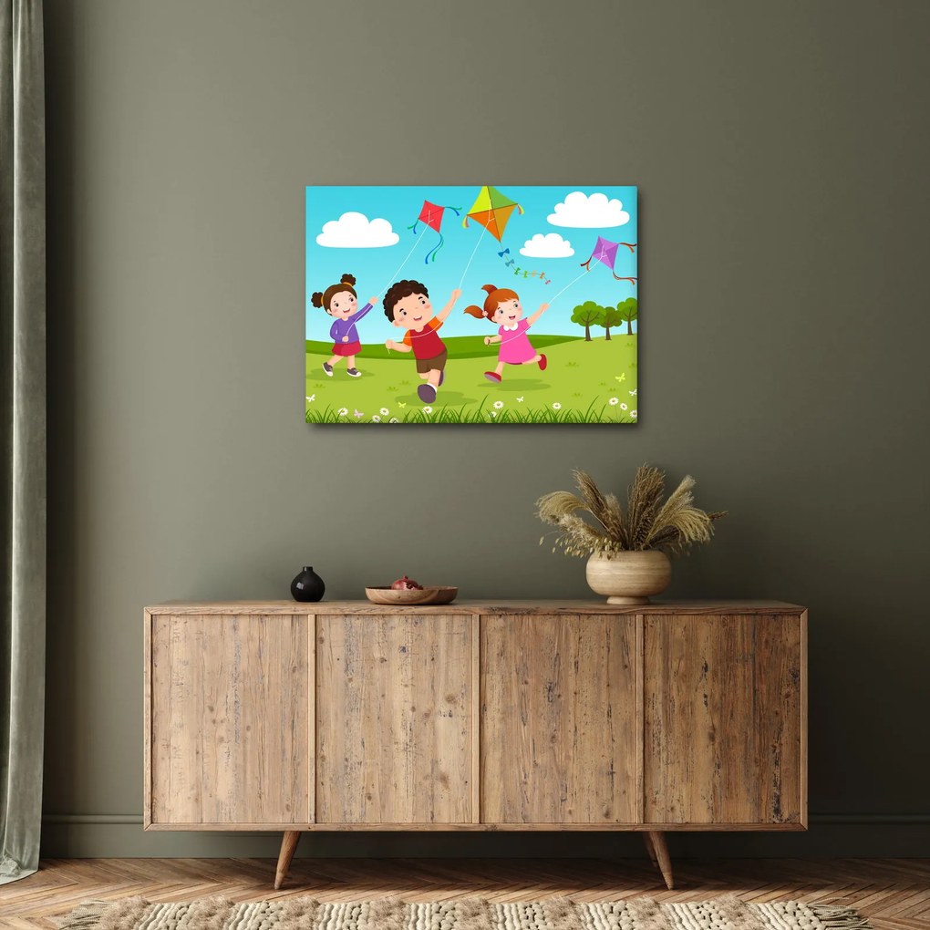 Kép - Sárkányrepülőt éngedő gyermekek (70x50 cm)