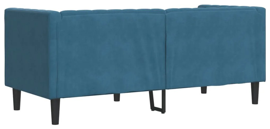 2 személyes kék bársony Chesterfield kanapé hengerpárnákkal