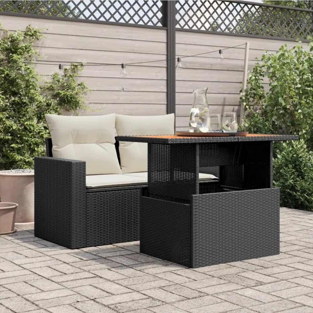 fekete polyrattan és akácfa kerti asztal 100 x 55 x 73 cm