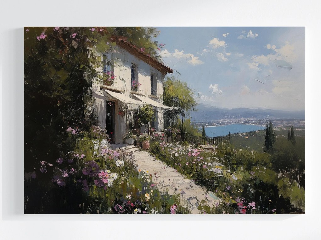 Vászonkép Canvas Tájkép Tenger Hegyek Ház Villa Kert Virágok 60x40
