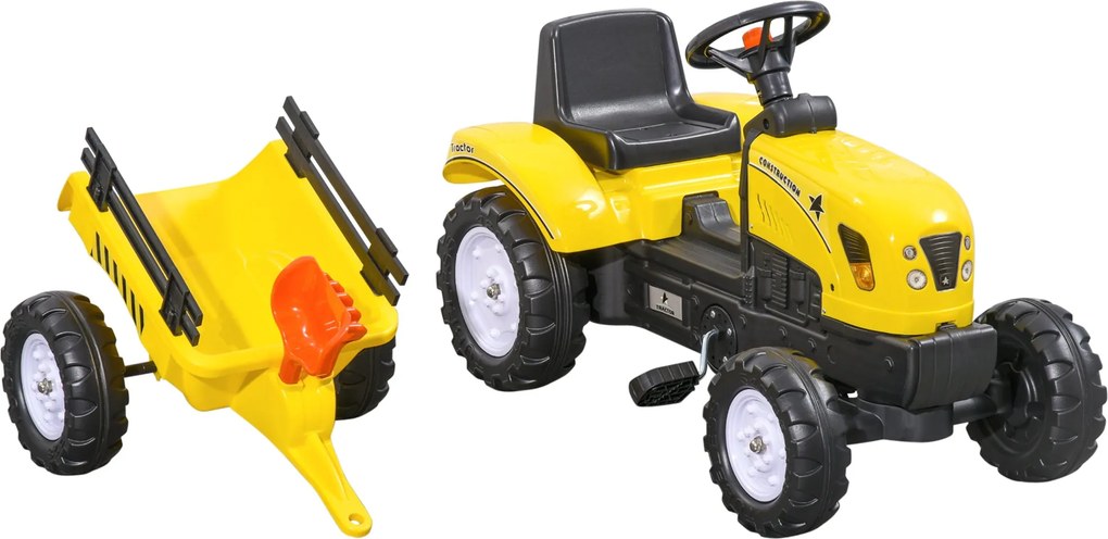 HOMCOM Pedál Traktor Pótkocsival - Gyermek Pedál Traktor Játék 3 Éves Kor Felett, Kültérre, Kertbe, Fém Sárga, 133 x 42 x 51 cm | Aosom